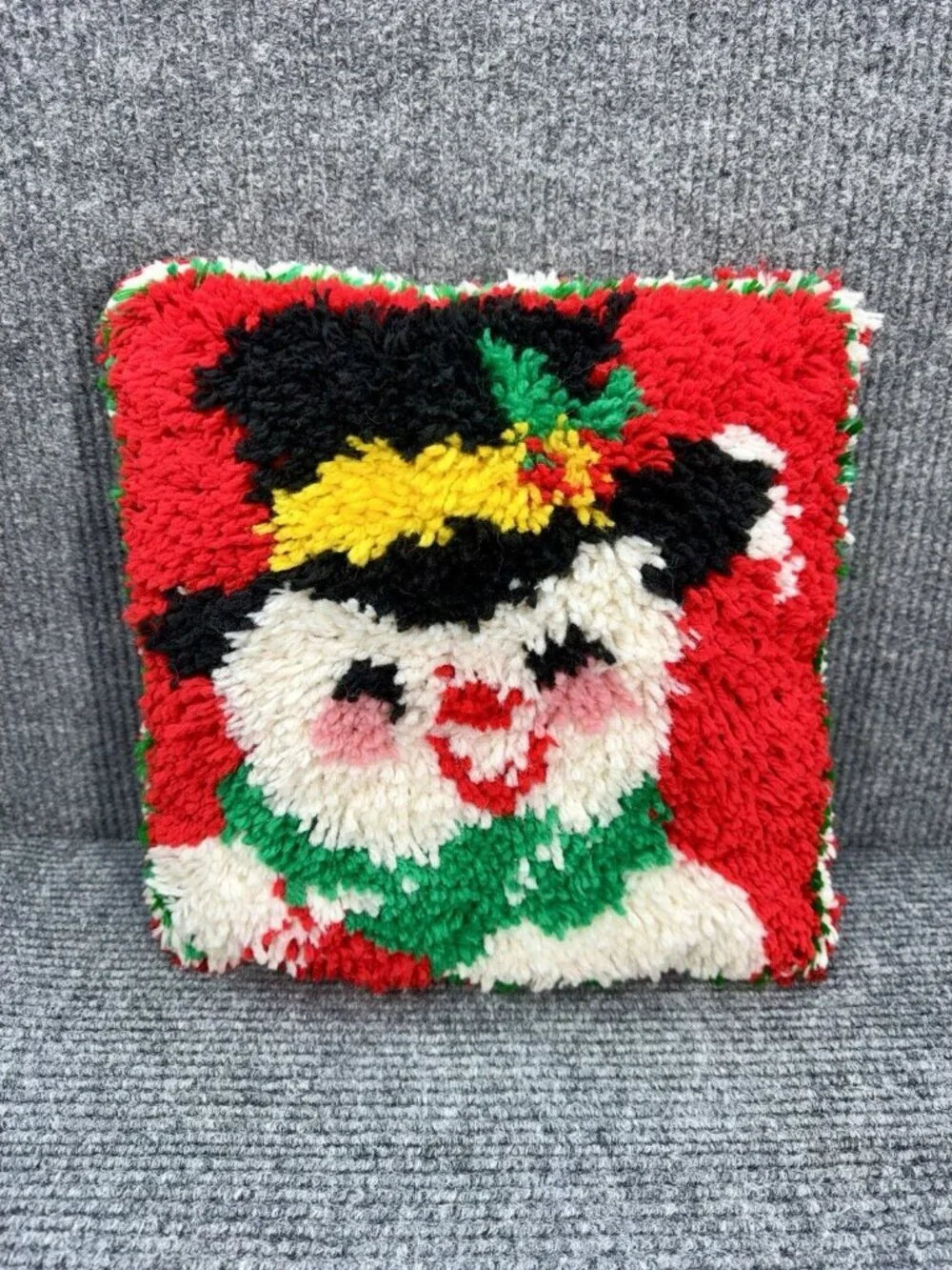 Vintage Snowman Latch Hook Throw Pillow Red Christmas 13” x 13” Square Handmade